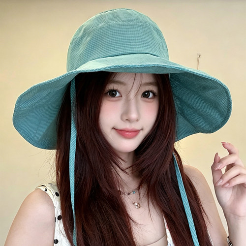 夏季格纹大檐速干防晒渔夫帽女