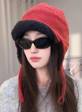 韩系百搭羊羔毛护耳飞行帽子女冬季显脸小骑行保暖防寒防风雷锋帽
