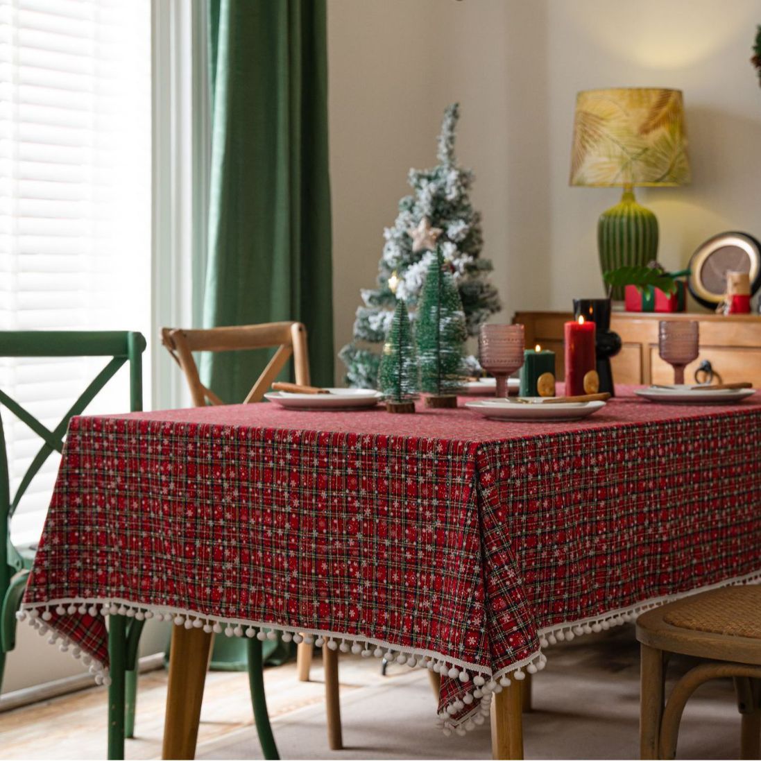 伊缦琪韵桌布色织格子红色圣诞节日餐桌布美式布艺长方形厂家直供