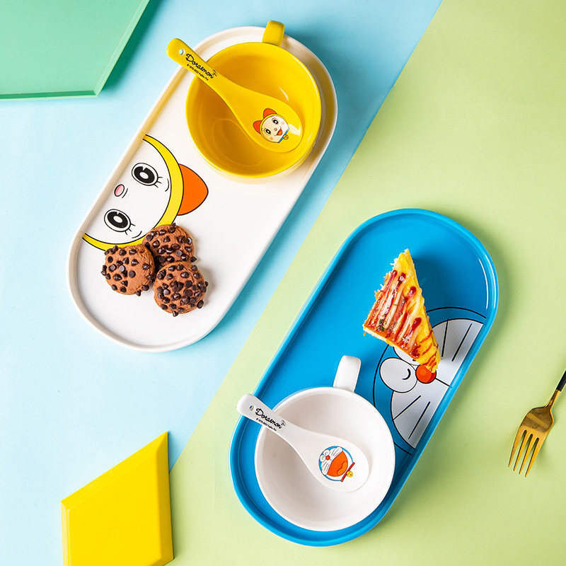 哆啦A梦马克杯碟单人套装景德镇陶瓷餐具咖啡杯带勺带碟下午茶杯