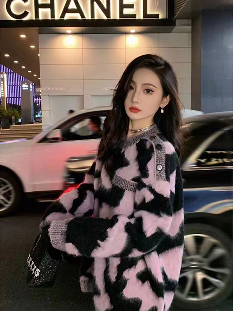 대형 대비 색상 모헤어 스웨터 여성 게으른 스타일 가을 겨울 디자인 틈새 루즈 풀오버 스웨터 탑