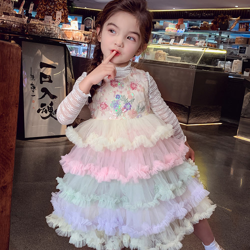 超美！彩虹网纱蛋糕公主裙