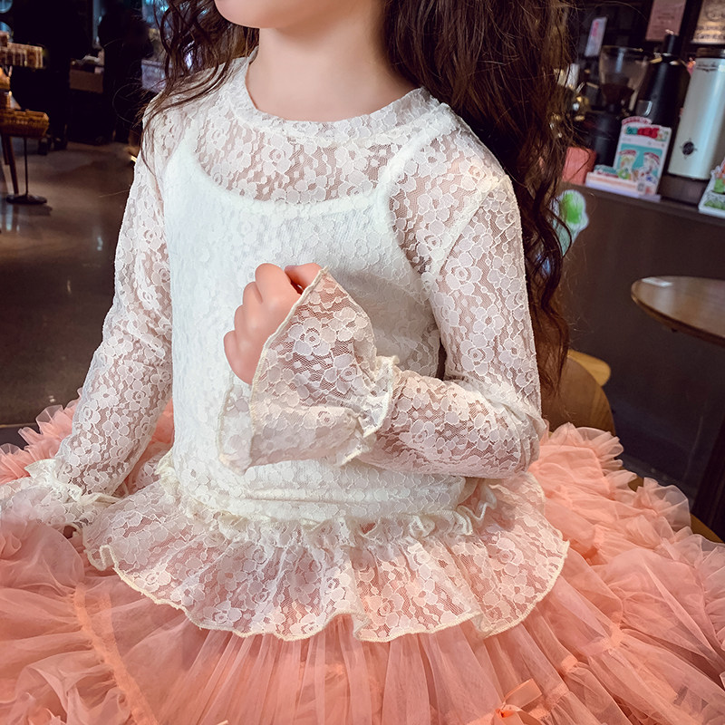 女童蕾丝上衣女孩喇叭袖打底衫春装2026新款洋气儿童白色内搭长袖