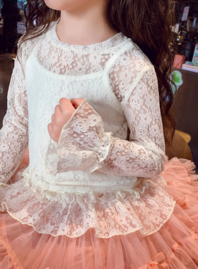 女童蕾丝上衣女孩喇叭袖打底衫春装2026新款洋气儿童白色内搭长袖