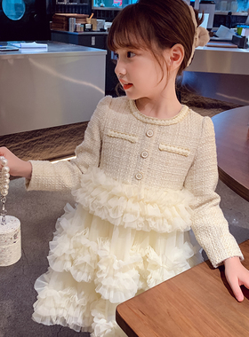 女童连衣裙春秋2026新款洋气儿童蛋糕裙女孩小香风加绒网纱公主裙