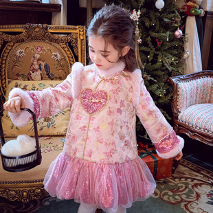 米米哈罗女童旗袍裙冬装 儿童国风拜年服小女孩夹棉公主裙 2025新款