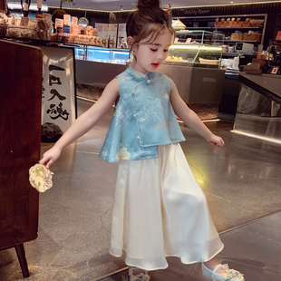 女童新中式国风套装夏装2026新款小女孩缎面提花上衣阔腿裤两件套