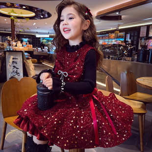米米哈罗女童公主裙冬装2025新款儿童加绒连衣裙女孩法式丝绒礼服