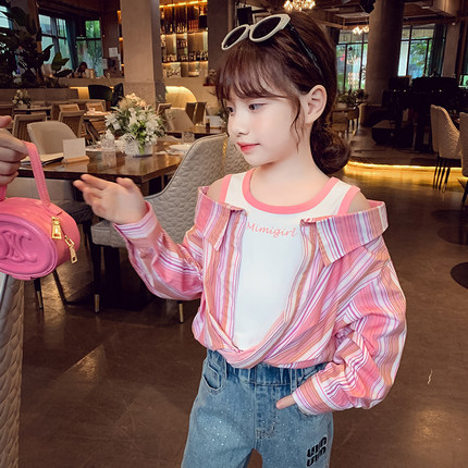 女童春装洋气儿童时尚假两件网红上衣2025新款小女孩韩版长袖衬衫