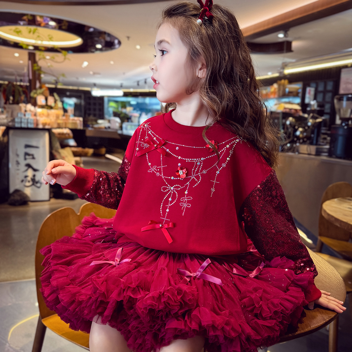 米米哈罗女童卫衣冬装2025新款洋气儿童红色加绒宽松圣诞圆领卫衣