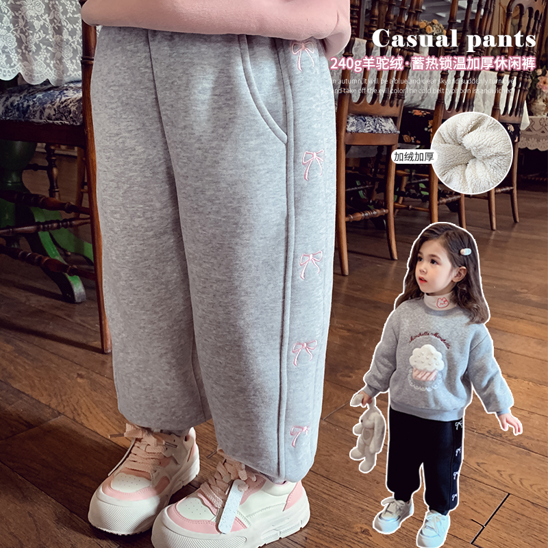 加绒双侧蝴蝶结休闲卫裤