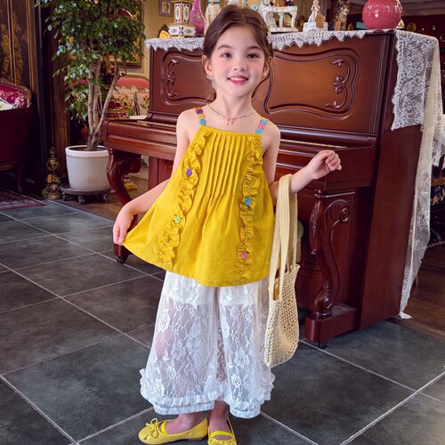 女童新款夏款花朵吊带裤子套装