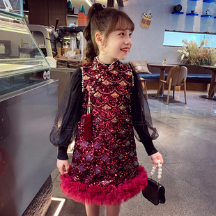 女童中国风旗袍裙冬装 洋气儿童夹棉连衣裙女孩礼服背心裙 2025新款