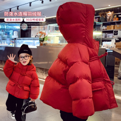 女童白鸭绒羽绒服加厚保暖冬装新款时髦儿童牛角扣连帽面包服