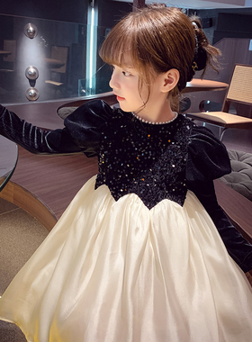 女童连衣裙秋装2025新款洋气儿童网红丝绒礼服裙女孩泡泡袖公主裙