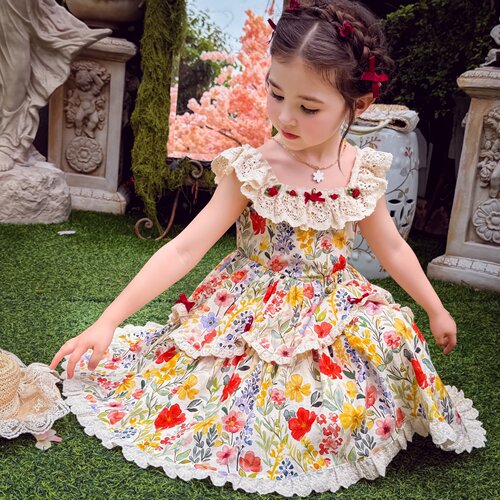 女童蕾丝田园风棉布碎花连衣裙