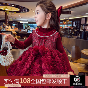 米米哈罗女童公主裙冬2025新款洋气儿童礼服裙红色加绒背心连衣裙