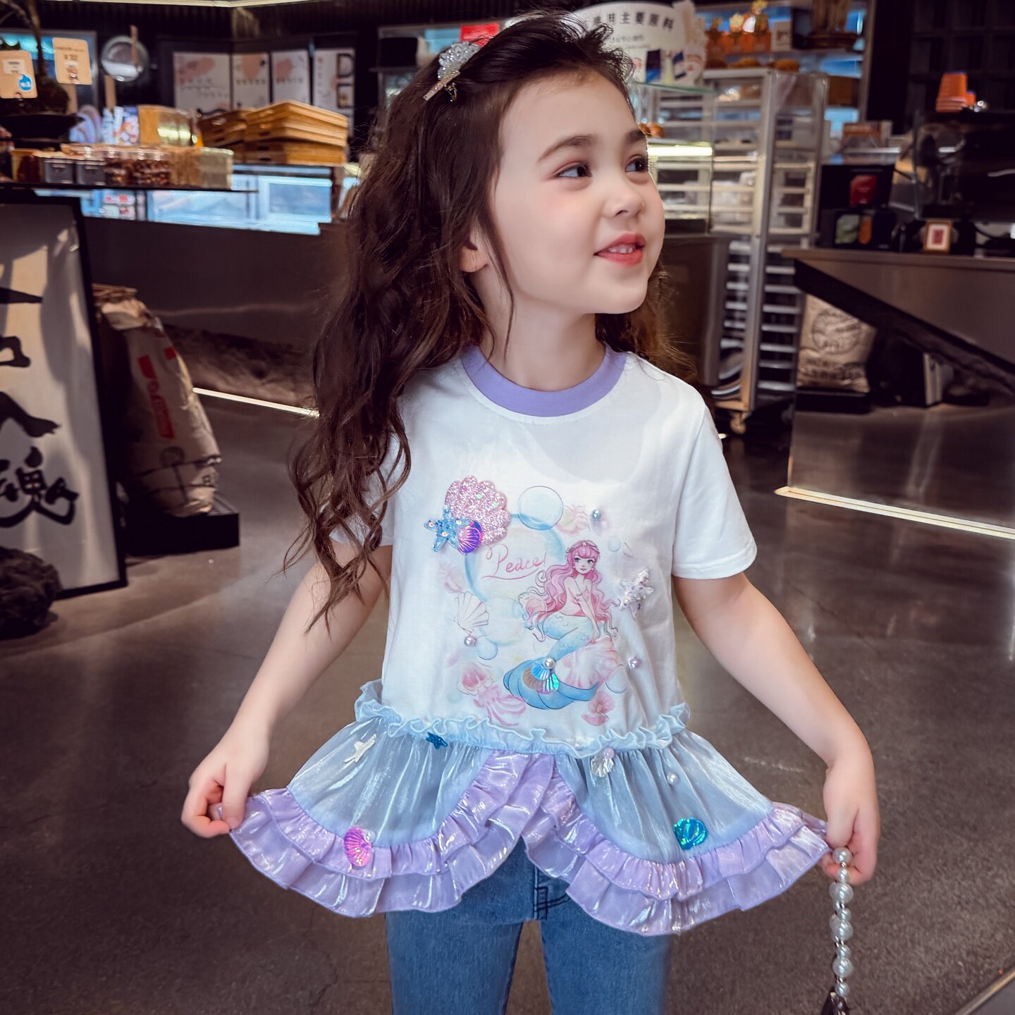 米米哈罗女童短袖夏装2026新款儿童网红上衣女孩卡通印花t恤打底