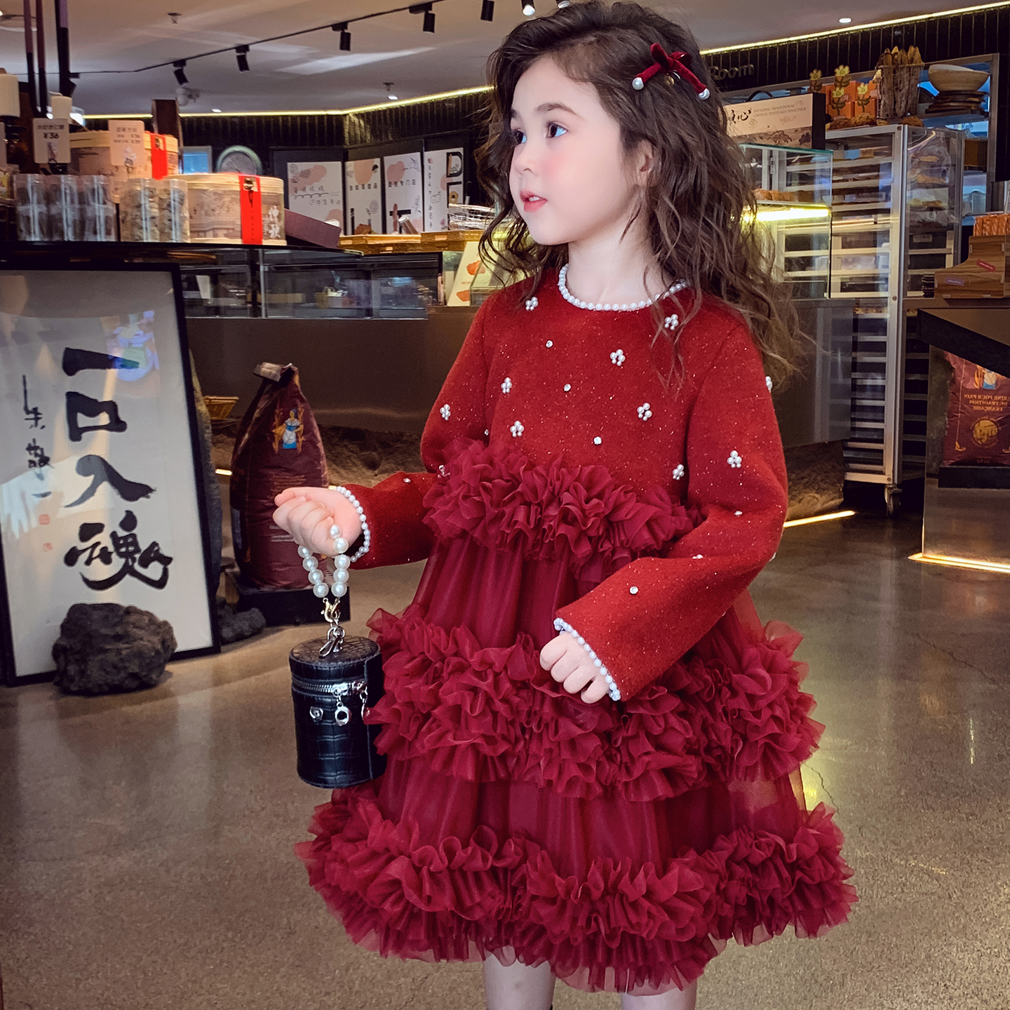 女童公主裙冬装2025新款儿童红色新年礼服女孩法式蓬蓬网纱连衣裙