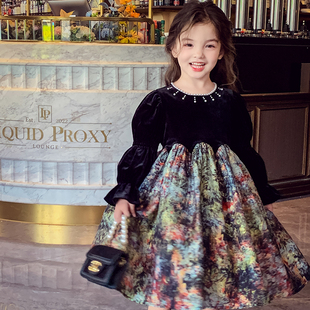 女童公主裙秋冬2025新款 洋气儿童黑色丝绒礼服裙女孩赫本风连衣裙