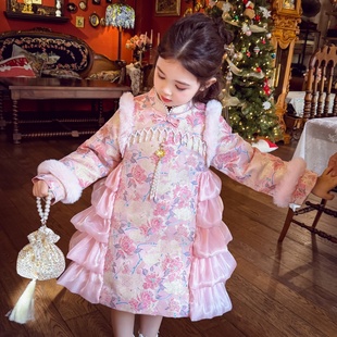 米米哈罗女童旗袍裙冬装2025新款儿童夹棉拜年服小女孩唐装公主裙
