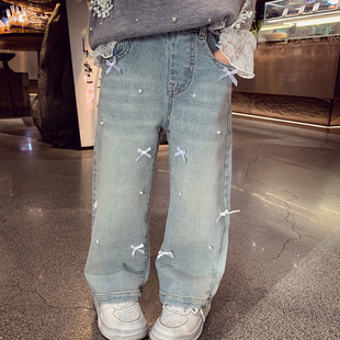 洋氣兒童寬松高腰闊腿褲 女童牛仔褲 2025新款 小女孩直筒長(zhǎng)褲 春裝 子