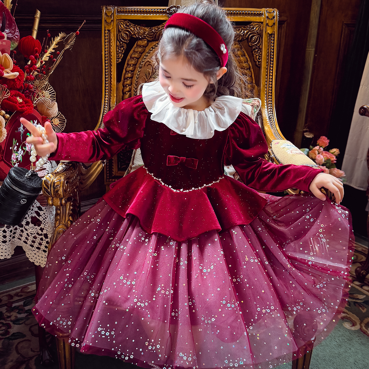 米米哈罗女童公主裙冬2025新款儿童加绒网纱连衣裙女孩法式丝绒裙