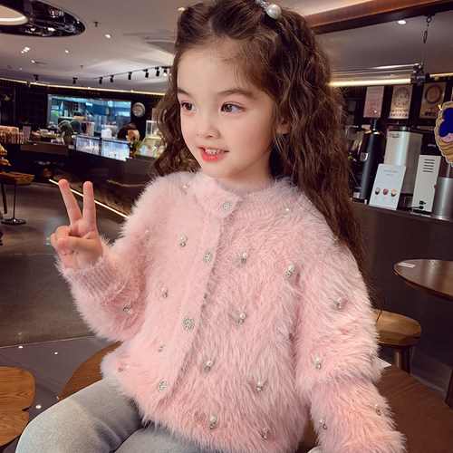 钉珠钻仿水貂毛长袖开衫