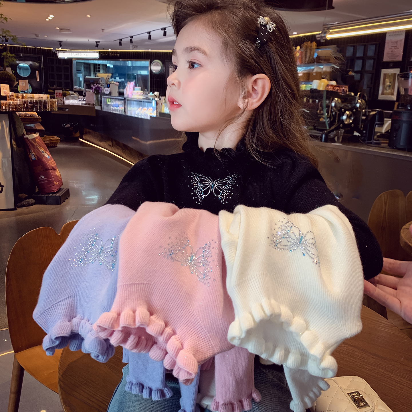 米米哈罗女童针织衫冬装2025新款儿童包芯纱毛衣女孩木耳边打底衫