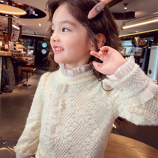 女童加绒打底衫小女孩韩版冬装2025新款洋气儿童网红蕾丝公主上衣