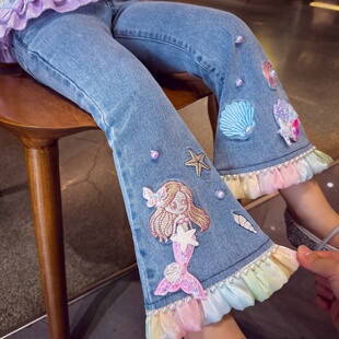 女孩马蹄裤 米米哈罗女童喇叭牛仔裤 儿童高腰休闲长裤 2026新款 夏装