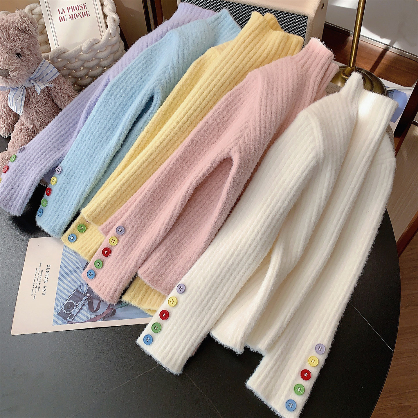 米米哈罗女童针织衫冬装2025新款儿童内搭打底小女孩纯色高领毛衣