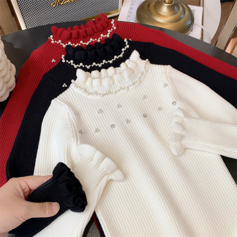 米米哈罗女童针织衫冬装2025新款儿童百搭花边领毛衣小女孩打底衫