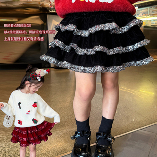 丝绒高腰短裙女孩蓬蓬蛋糕裙 儿童法式 米米哈罗半身裙冬装 2025新款