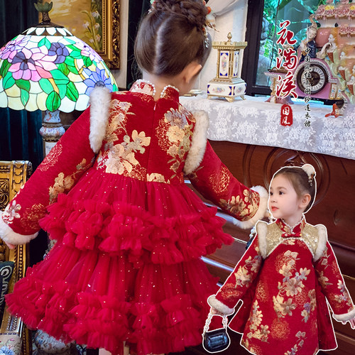 中国风红色夹棉旗袍连衣裙