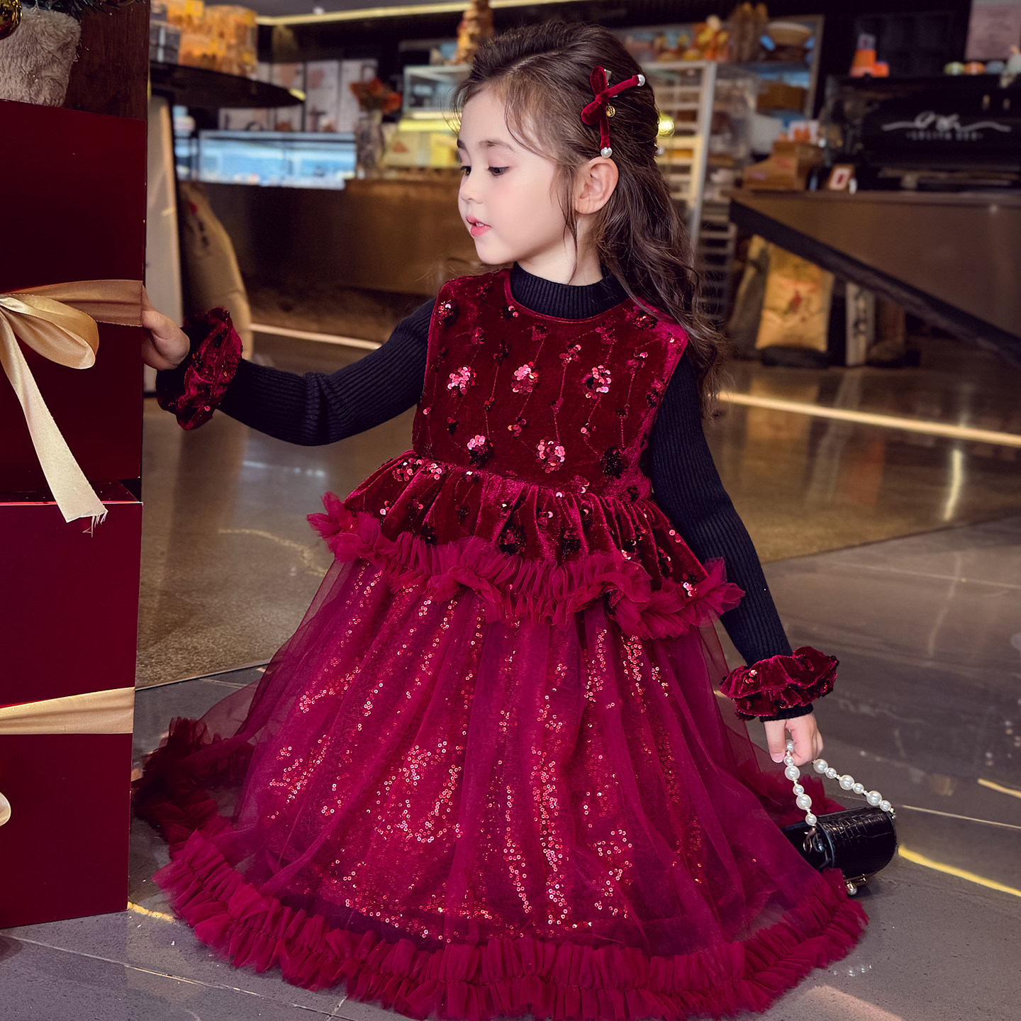 【晚宴焦点】新年红色丝绒裙