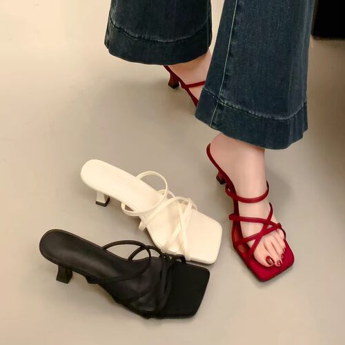 高跟红色法式小凉拖鞋仙女鞋子20