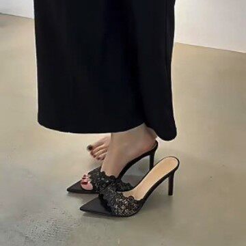 尖头宴会高跟鞋女夏季新款黑色纯