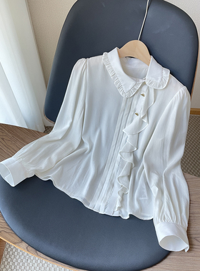 大厂高货 断码te价  早秋精致木耳边不对称门襟垂坠感长袖衬衫女