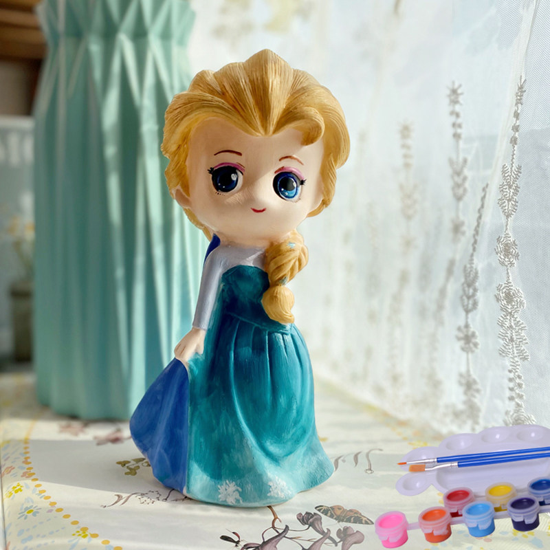 diy非石膏娃娃涂色公仔 女孩玩具爱莎公主搪胶涂白胚彩绘存钱罐