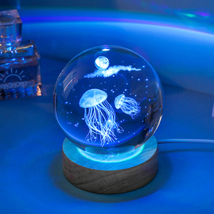 发光海洋海豚水母水晶球摆件玻璃球小夜灯生日礼物送女生女友实用