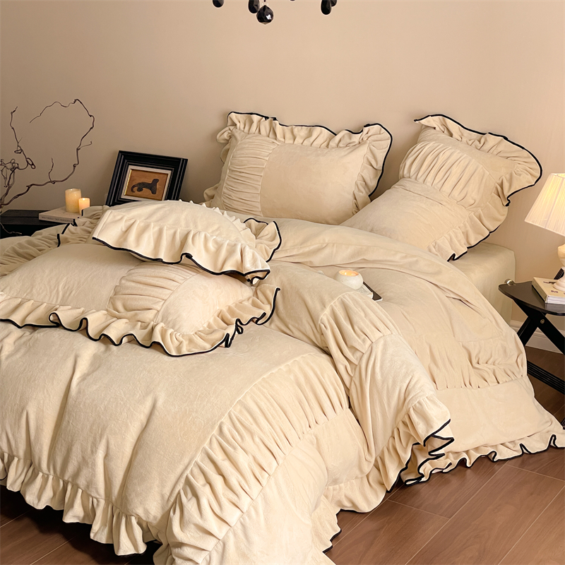 a类母婴级冬季牛奶绒床上四件套加厚保暖法式浪漫公主风被套床单