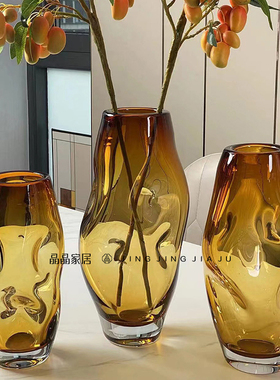 轻奢北欧现代极简黄色加厚玻璃创意桌面水培异型花瓶样板间售楼处