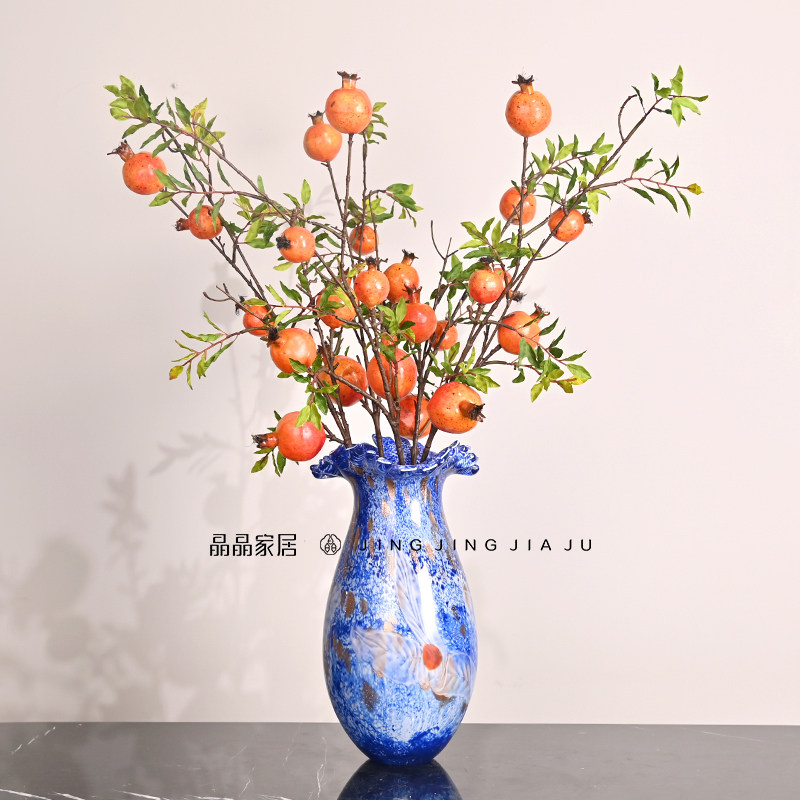 中式古典蓝色仿陶瓷居家摆件艺术玻璃花瓶客厅玄关桌面插花装饰品