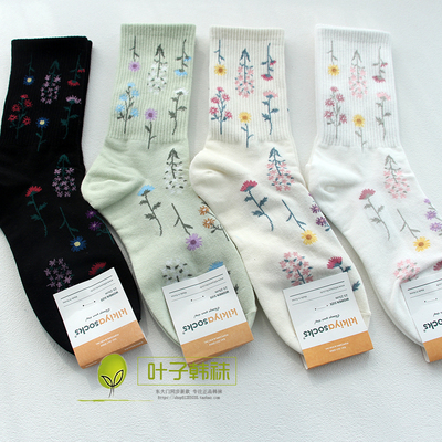 韩国森系田园风小花朵中筒女袜子