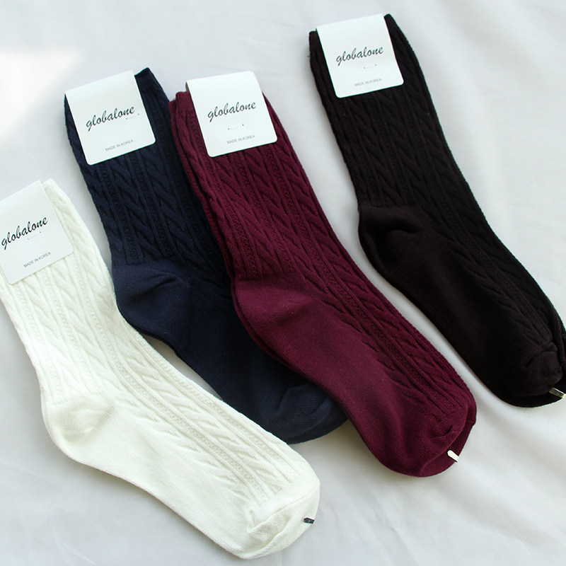 清仓 纯棉袜子女中筒袜韩国东大门简约百搭白酒红棕纯色麻花短袜