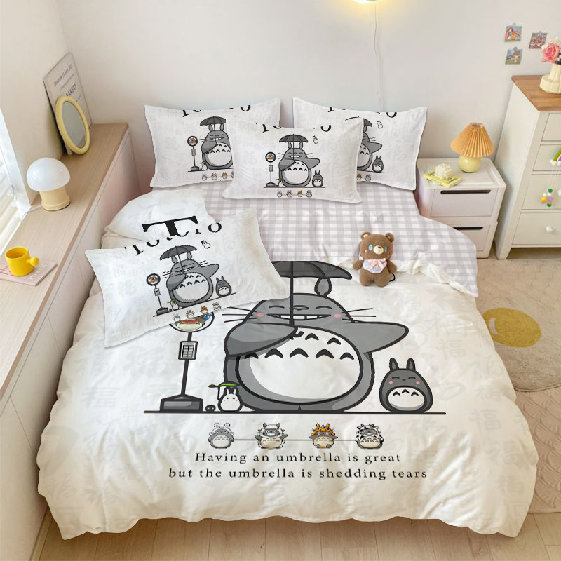 可爱龙猫床上四件套日式宫崎骏动漫纯棉床单卡通儿童房单人三件套