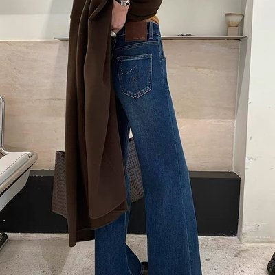 SMX98296加绒直筒微喇牛仔裤女2025秋冬喇叭裤高腰加厚阔腿拖地裤