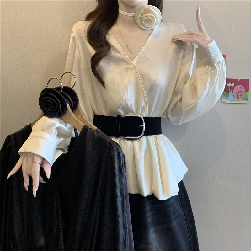 高级感V领长袖雪纺衬衫女春季2026大码胖mm显瘦腰带收腰气质上衣,女装/女士精品,大码内搭,淘宝优惠券,粉丝福利购,淘宝优惠卷