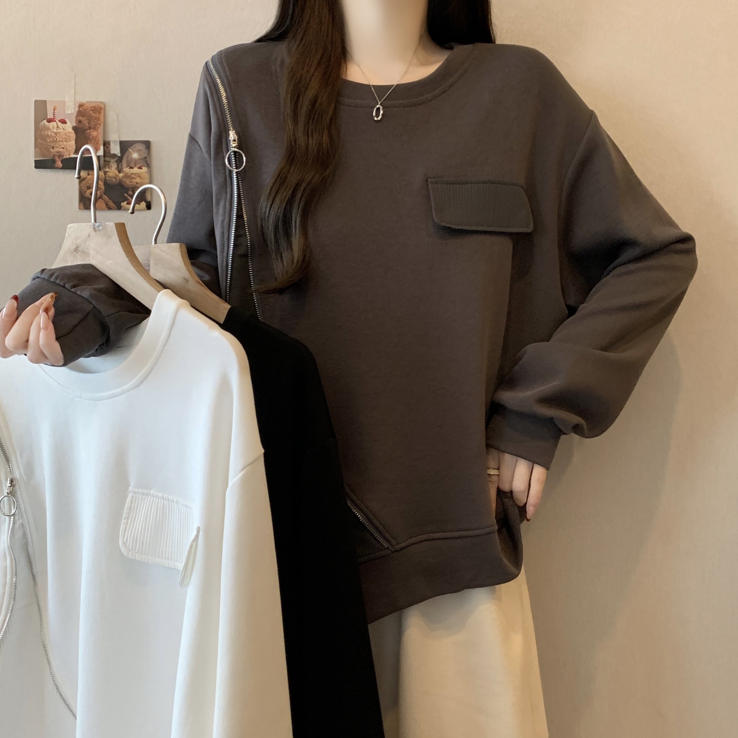 实拍大码2026韩国东大门新款女装圆领时尚侧边拉链不规则宽松卫衣,女装/女士精品,大码内搭,淘宝优惠券,粉丝福利购,淘宝优惠卷